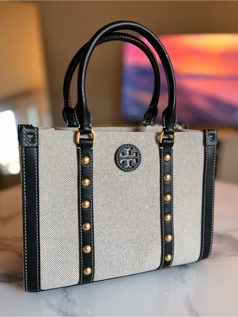 Tory Burch Blake Canvas Stud Small Tote Bag‎ Black Ivory Canvas Leather